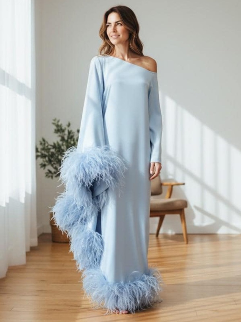 BLUE BOAT NECK MAXI OSTRICH FEATHERS MATERNITY DRESS